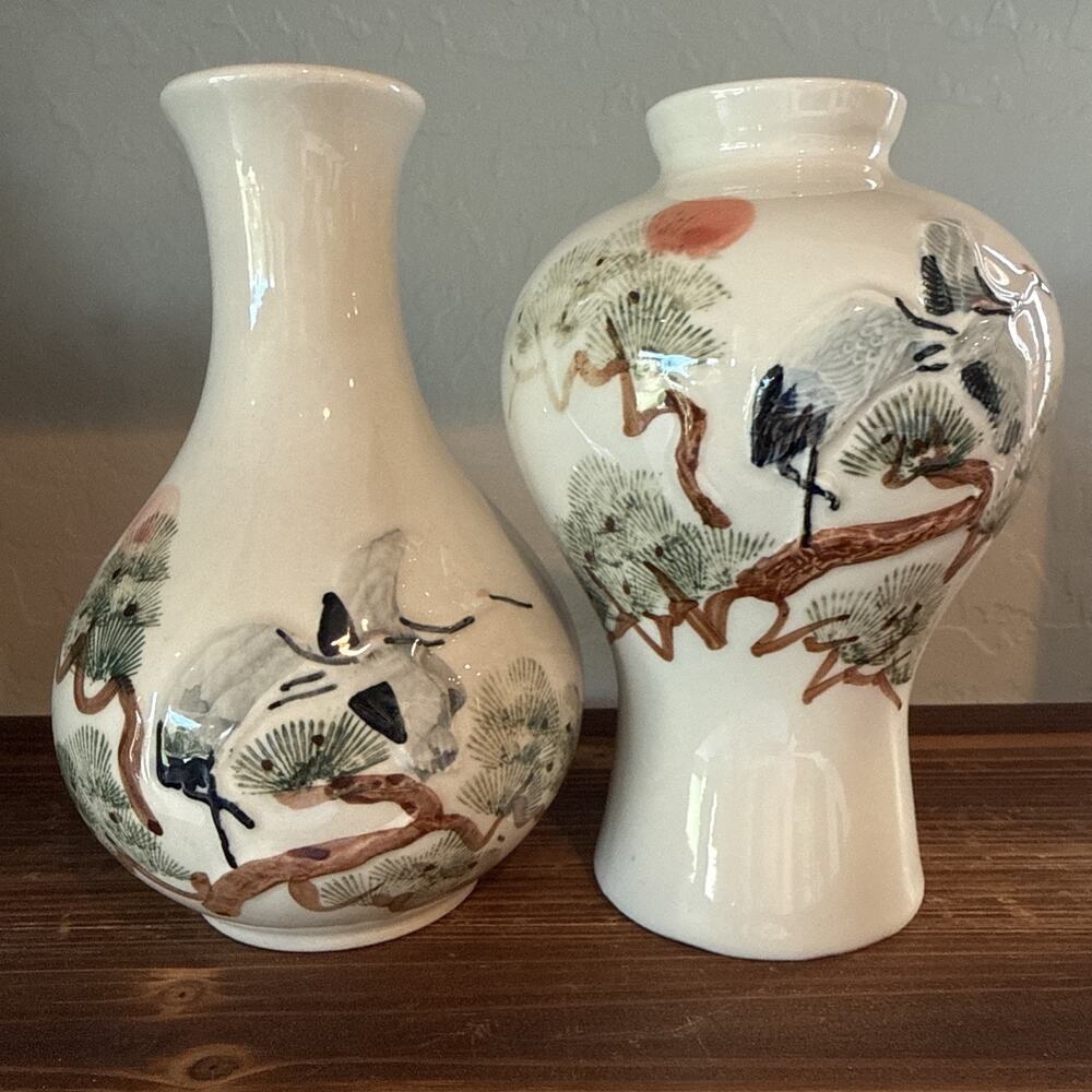Pair Vtg Korean White Porcelain Vases Hand Painted Crane & Pine Goryeo Dojagi